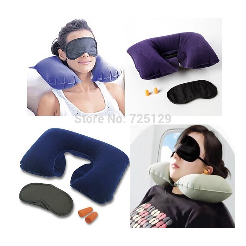 Kit de viaje: Cojín aire cuello + máscara Pillow + tapones oidos