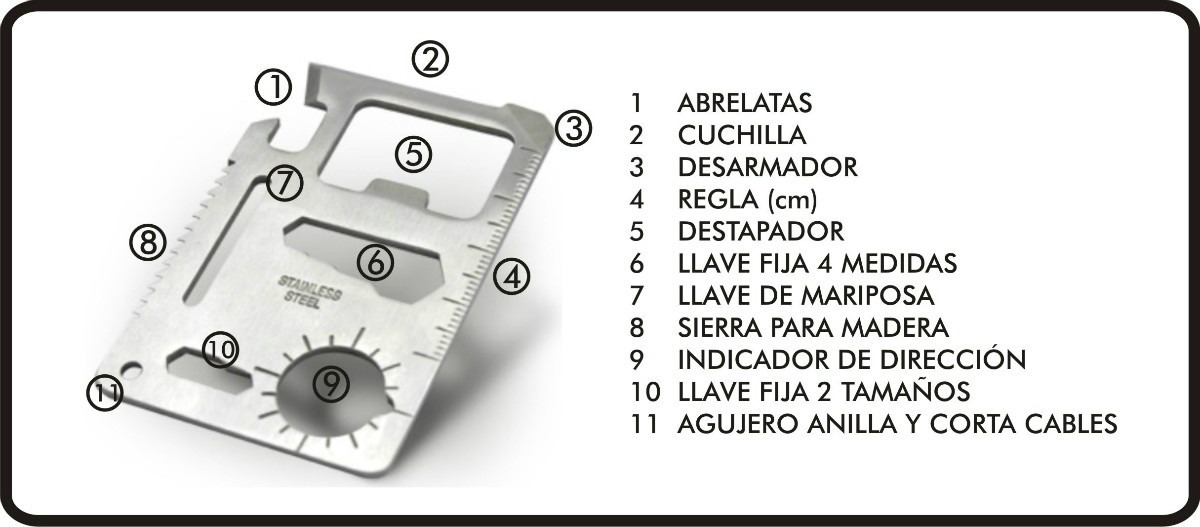 Multiherramienta plana tipo tarjeta EDC 911 de cartera con 11 funciones INOX F-102 - Imagen 4