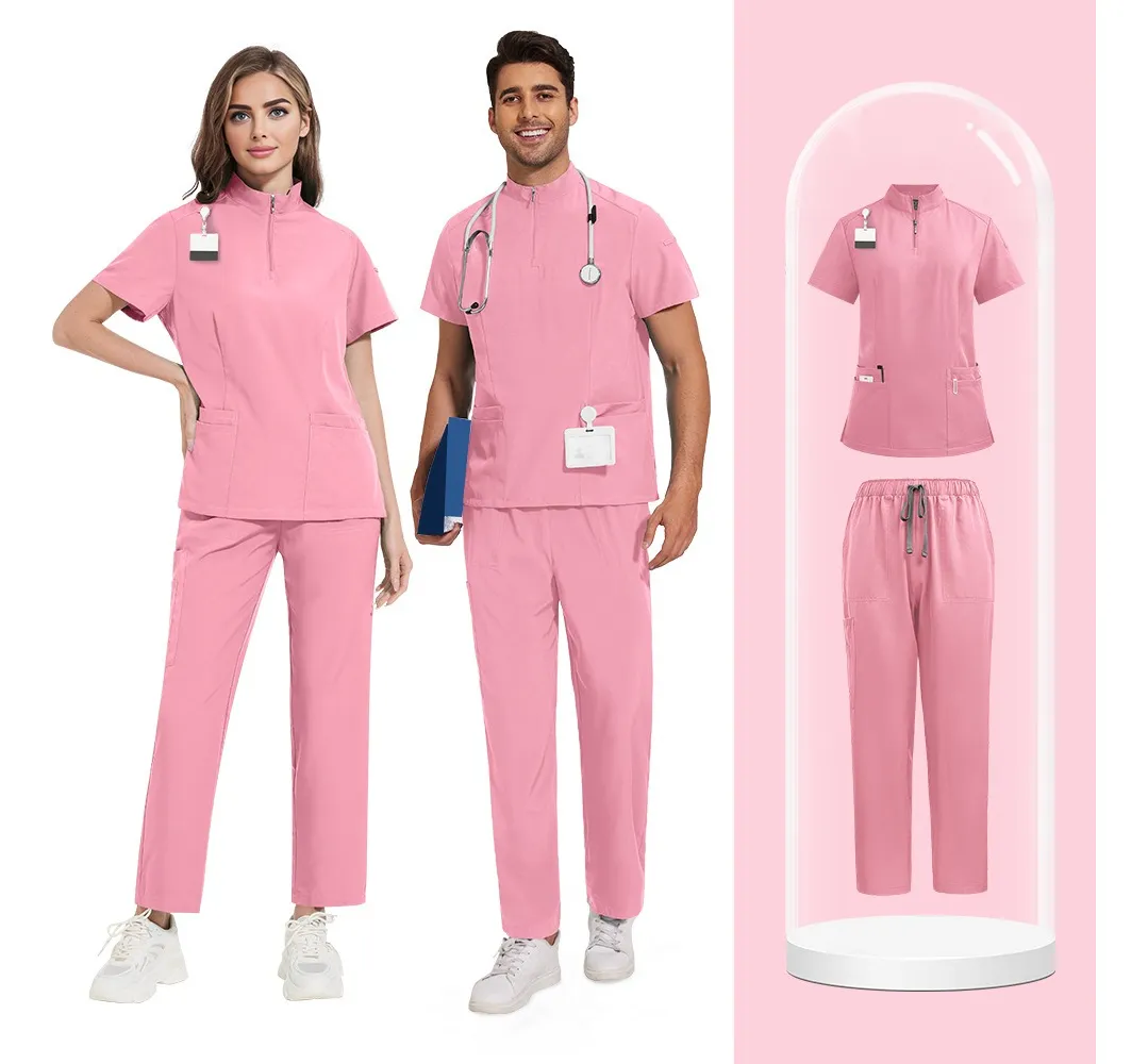 Scrub Pijama Conjunto enfermería clásica unisex uniforme médico, pantalones quirúrgicos dentales, ropa trabajo laboratorio, S-11-Rosa - Imagen 3