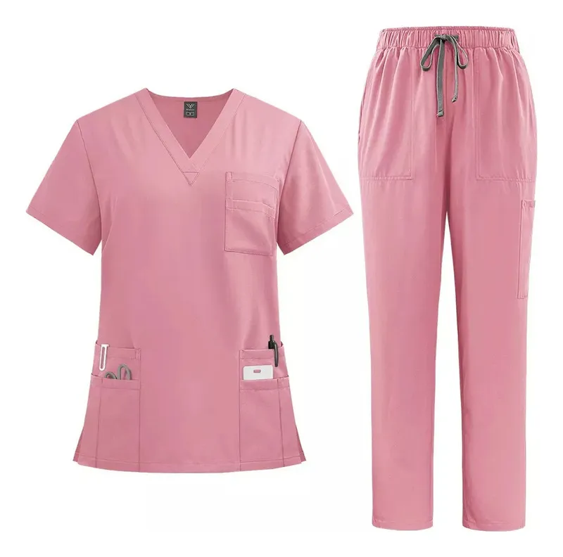 Scrub Pijama Conjunto enfermería clásica unisex uniforme médico, pantalones quirúrgicos dentales, ropa trabajo laboratorio, S-11-Rosa
